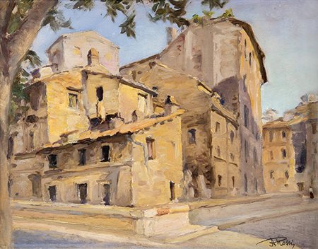 ANGELO ROSSI, Lungotevere presso Tor di Nona, 1935, Olio su tavola, 31,5 x 41...