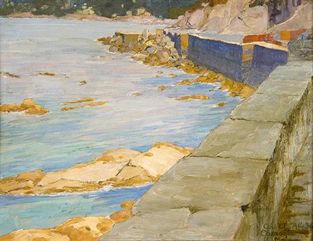 POMPEO FABRI, Il molo visto dalla Bardiciocca, 1934, Olio su tavola, 31,5 x...