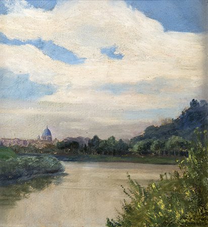 ROMOLO BERNARDI, Il Tevere al Flaminio, 1946, Olio su tela applicata su...