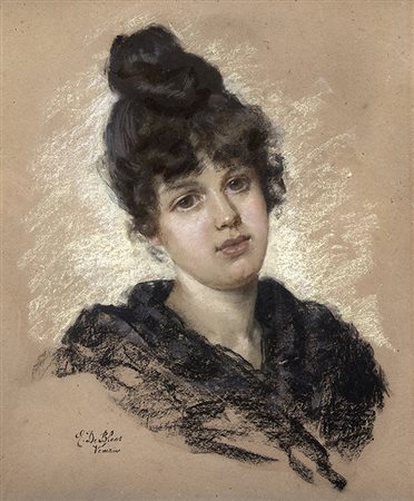 EUGENIO DE BLAAS, Ritratto femminile, Pastelli colorati su carta applicata su...