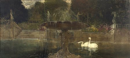 GALILEO CHINI, Fontana nel parco, 1901, Olio su tela, 77 x 172 cm, Etichetta...