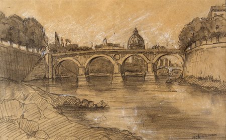 ALBERTO ZIVERI, Lungotevere, 1924, Matita e gessetto su carta, 22 x 35 cm...