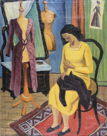 VITTORIANO CARELLI, La sarta, 1949, Olio su tela, 59 x 46 cm, Firma e data in...