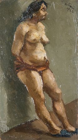 ALBERTO ZIVERI , Nudino, 1944 Bozzetto per il Postribolo, Olio su tavoletta,...