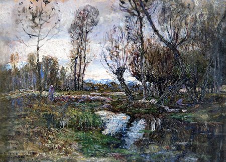 LEONARDO BISTOLFI, Paesaggio fluviale, Anni ‘20, Olio su tavola, 24 x 33 cm,...
