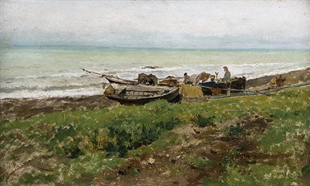 PIETRO BARUCCI, Marina con barche, Olio su tavola, 21 x 38,5 cm, Firma e...