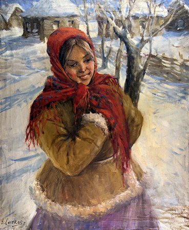 FEDOT VASILIEVICH SYCHKOV, Ragazza in un paesaggio innevato, 1931, Olio su...