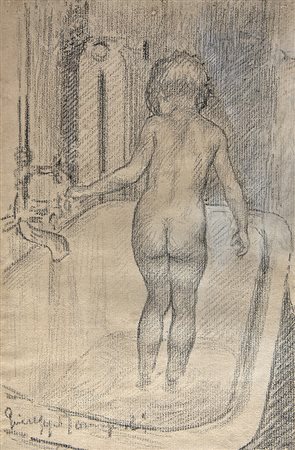 GIUSEPPE ROMAGNOLI, Bambina al bagno (la figlia Giovanna), 1918, Matita su...