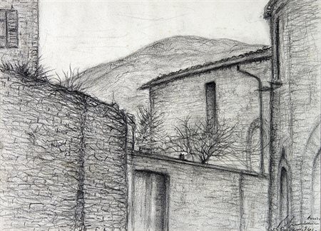 RICCARDO FRANCALANCIA, Vicolo, 1961, Matita su carta, 23 x 32 cm, Firma,...