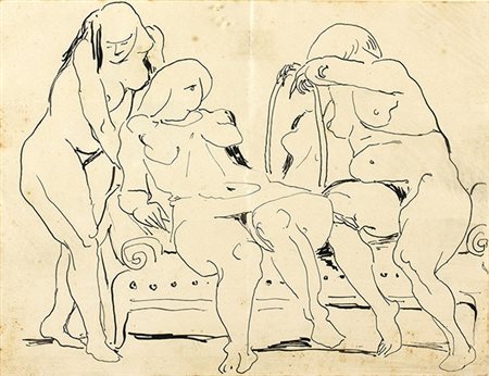 MIRKO BASALDELLA, Donne alla toletta, China su carta, 18,5 x 24 cm, Autentica...