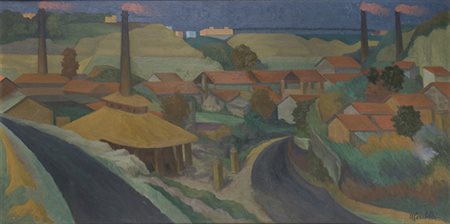 UMBERTO CARABELLA, Le fornaci a Valle Aurelia, Olio su tela, 59 x 119,5 cm,...