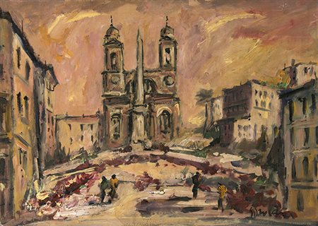 ACHILLE SDRUSCIA, Trinità dei Monti, Olio su tavola, 34 x 47,5 cm, Firma in...