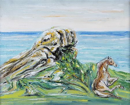 GIOVANNI STRADONE, Cavallo sul mare, 1967 , Olio su tela, 40 x 50 cm, Firma,...