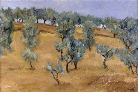 EMANUELE CAVALLI, Ulivi, 1969, Olio su tavola, 37,5 x 57,7 cm, Firma in basso...