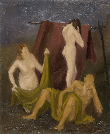 EMANUELE CAVALLI, Lot e le figlie, Anni ‘50 circa, Olio su tavola, 31 x 26...