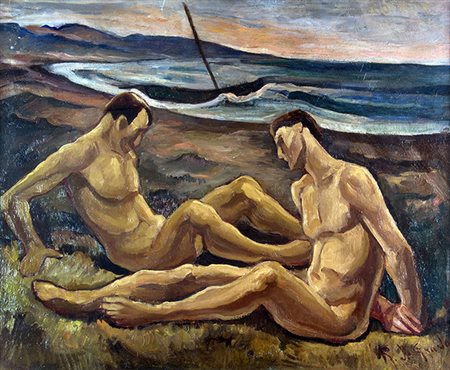 RAFFAELE DE GRADA, Bagnanti, Olio su tela, 73 x 90 cm, Firma in basso a...