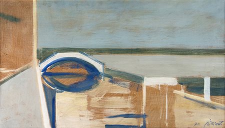 ARMANDO PIZZINATO, Veduta veneta con ponticello, 1971, Tempera su tela, 28,5...