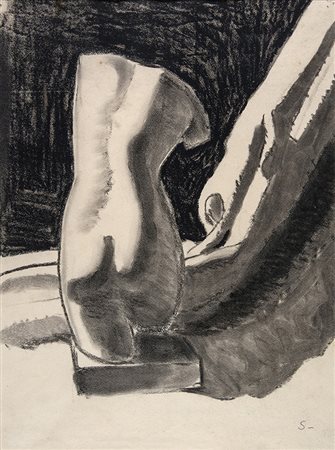 EMILIO SOBRERO, Natura morta con Venere e panno celeste, 1924, Carboncino su...