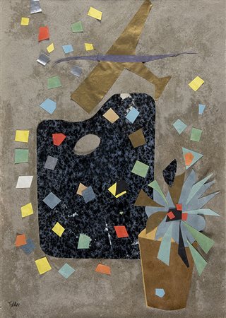 WLADIMIRO TULLI, Tavolozza + fiore + aereo, 1942, Collage su carta, 46 x 32...