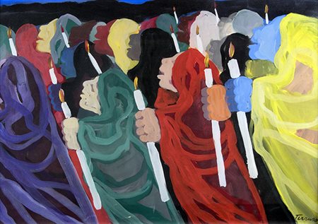 SAVERIO TERRUSO, Processione, Olio su tela, 50 x 70 cm, Firma in basso a...