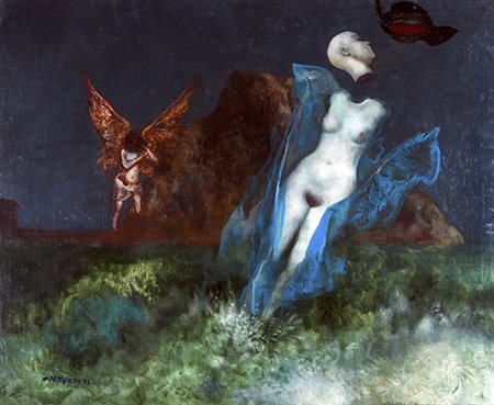 ARMANDO DE STEFANO, Il ritorno di Odette a Amore, 1975, Olio su tela, 65 x 80...