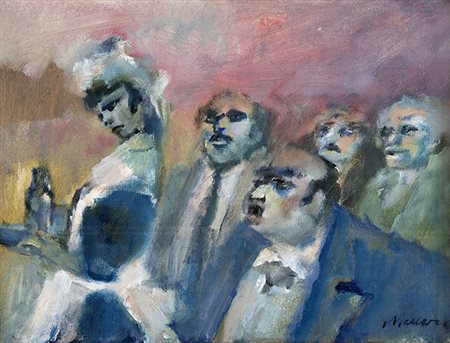 MINO MACCARI, Scena d’interno, Olio su tela, 30,2 x 39,8 cm, Firma in basso a...