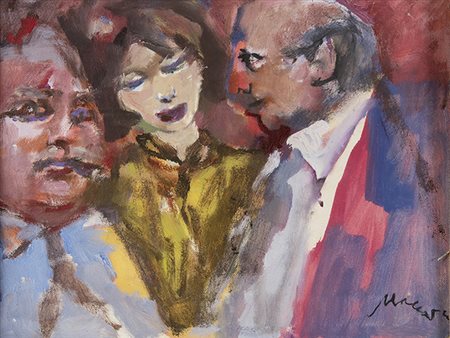 MINO MACCARI, Conversazione , Olio su tela, 30,9 x 40,5 cm, Firma in basso a...