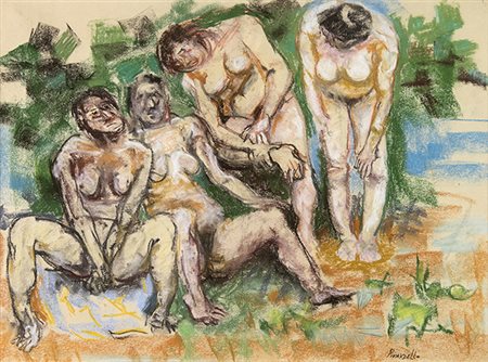 FAUSTO PIRANDELLO, Bagnanti, Pastelli a cera su carta, 31 x 41 cm circa,...
