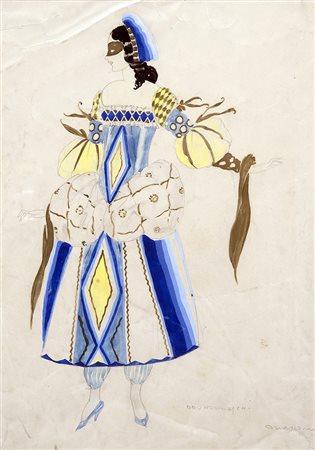 UMBERTO BRUNELLESCHI, Donna in maschera, Tecnica mista su carta, 35,5 x 23,5...