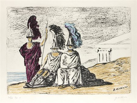 GIORGIO DE CHIRICO, I guerrieri di ritorno da Troia, 1966, Litografia, n....