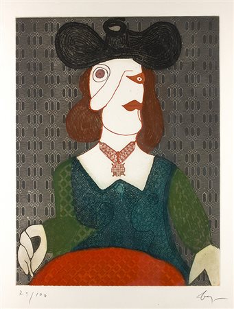ENRICO BAJ, Ritratto femminile, Litografia, n. esemplare 29/100, 54 x 41 cm...