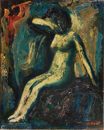 MARIO SIRONI, Figura di donna, 1950, Olio su tela, 50 x 40 cm, Firma in basso...