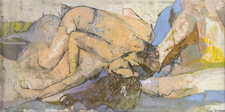 LORENZO TORNABUONI, Gli amanti, 1975, Olio su tavola, 20 x 40 cm, Firma in...