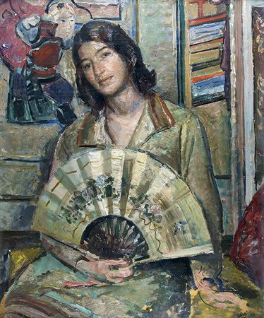 ALBERTO SALIETTI, Ragazza con ventaglio, 1923, Olio su tela, 89,5 cm x 75 cm,...