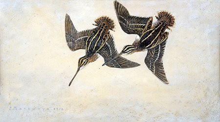 PAUL MARCUEYZ, Due beccacce, 1932, Tempera su carta, 19,5 x 36 cm circa,...