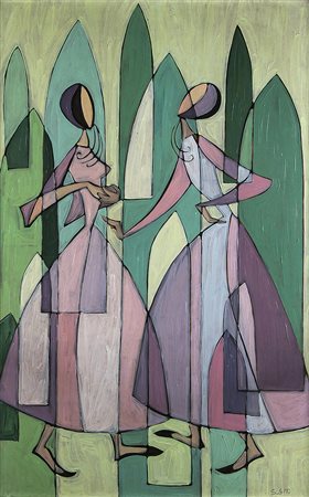 STEFANIA LOTTI, Figure, 1961, Olio su tavola intelata, 90 x 60 cm, Firma in...