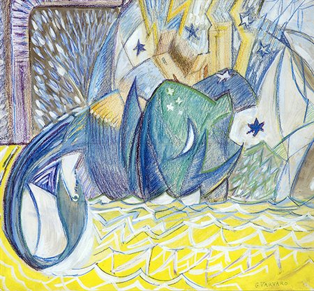 GIOVANNI VARVARO, Paesaggio futurista, Tecnica mista su carta, 23 x 25 cm,...