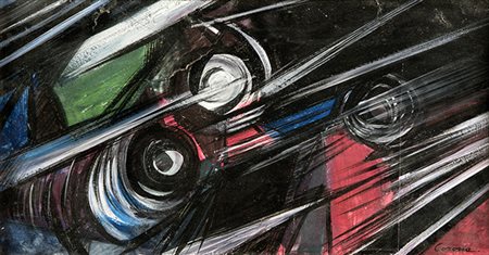 VITTORIO CORONA, Treno in movimento, Olio su carta applicata su tavola, 23 x...