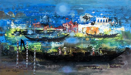 JEAN CALOGERO, Fête à Venise, 1980, Olio su tavoletta, 29,5 x 49,5 cm, Firma...