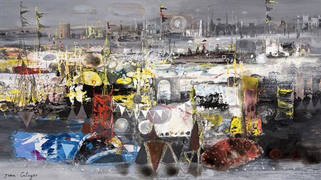 JEAN CALOGERO, Fête à Venise, 1980, Olio su tavoletta, 29,5 x 49,5 cm, Firma...