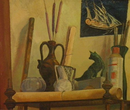 QUESTA U NATURA MORTA, 1966 OLIO SU TAVOLA cm 59 x 69 Firma e anno in basso a...