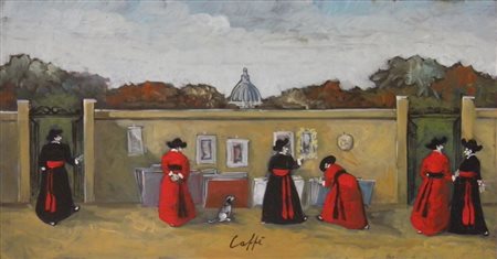 CAFFE' NINO ALFEDENA 1909 PESARO 1975 MERCATINO, 1967 OLIO SU TAVOLA cm 16 x...