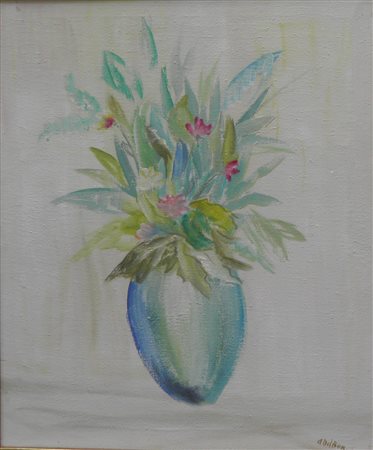 DEL BON ANGELO MILANO 1898 DESIO 1952 FIORI SU FONDO ROSA, 1951 OLIO SU TELA...