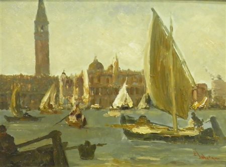 SOLVEGNI ETTORE BACINO DI SAN MARCO, 1930 OLIO SU TAVOLA cm 30 x 40 Firma in...