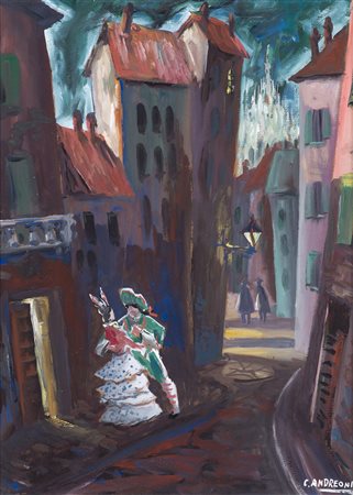 CESARE ANDREONI (1903-1961) Notturno di maschere Tempera su cartoncino cm...