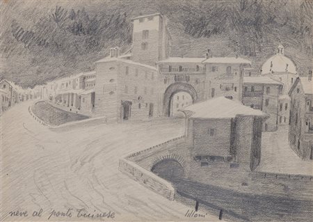 UMBERTO LILLONI (1898-1980) Vecchia Milano - Neve al Ponte Ticinese Matita su...