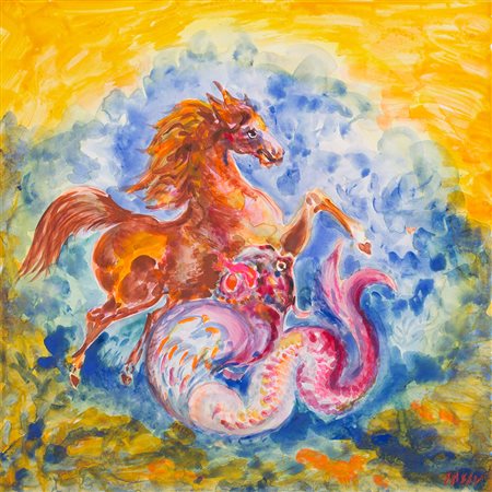 ALIGI SASSU (1912-2000) Il drago e il cavallo, 1984 Tecnica mista su cartone...