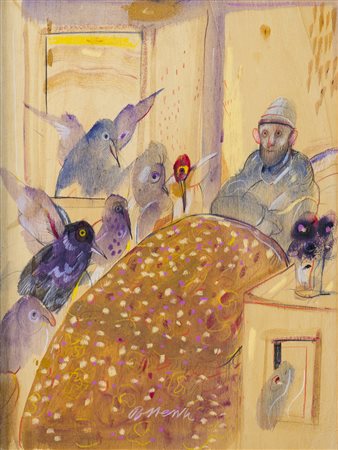 ANTONIO POSSENTI (1933-2016) Malato con uccelli, 1990 Olio su tavola cm 40x30...
