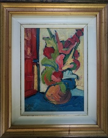 Silvio Vigliaturo "Fiori nel vaso" - 1988 - Olio su cartoncino - cm 25,5x15 -...