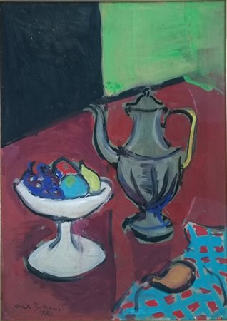 Alfredo Beltrame "Composizione con teiera" - 1983 - Tempera su cartoncino -...